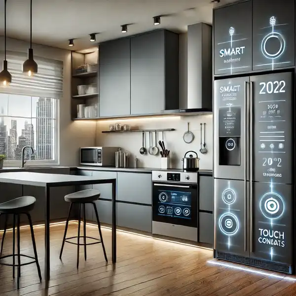 A modern smart kitchen with sleek appliances connected to a smart system