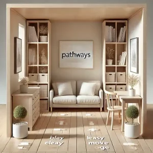 A small room with clear pathways, furniture arranged neatly on the sides to keep walkways open