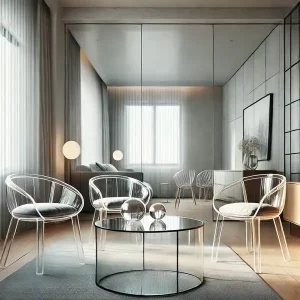 A small room with glass and Lucite furniture, including a clear glass coffee table and Lucite chairs