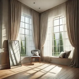 A small room with large windows, light, airy curtains allowing sunlight to enter