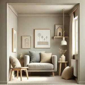 A small room with neutral colors like beige or light grey on the walls and furniture