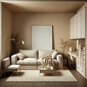 A small room with one large couch, minimal furniture, and an open layout