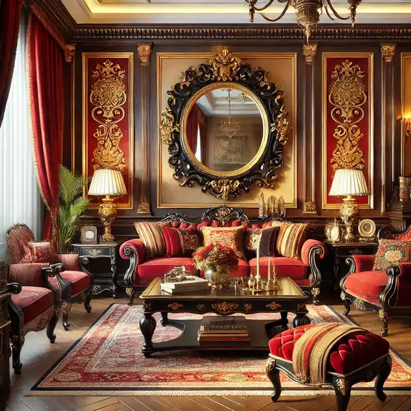 A traditional living room featuring warm, rich colors like deep red and gold