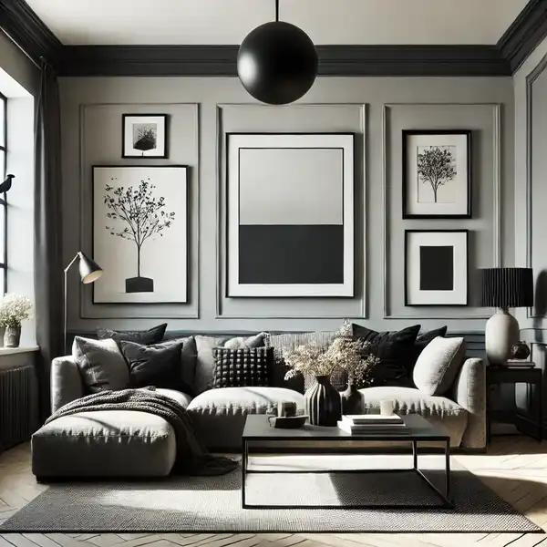 A transitional living room featuring dark accents for contrast