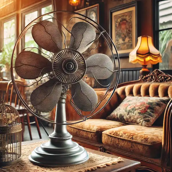 A vintage fan with a metal frame and blades, sitting on a wooden table in a cozy living room