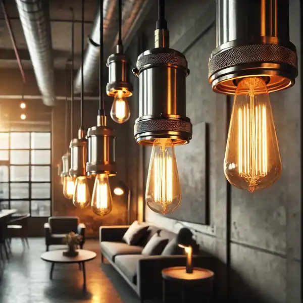 Metal light fixtures with exposed bulbs hanging from the ceiling in an urban living room